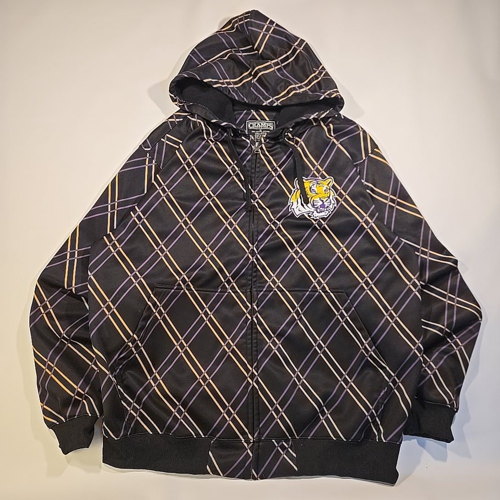 LSU Tigers Men 2XL Plaid Full Zip Hoodie‎ Black Purple Gold Champs Sports Jacket